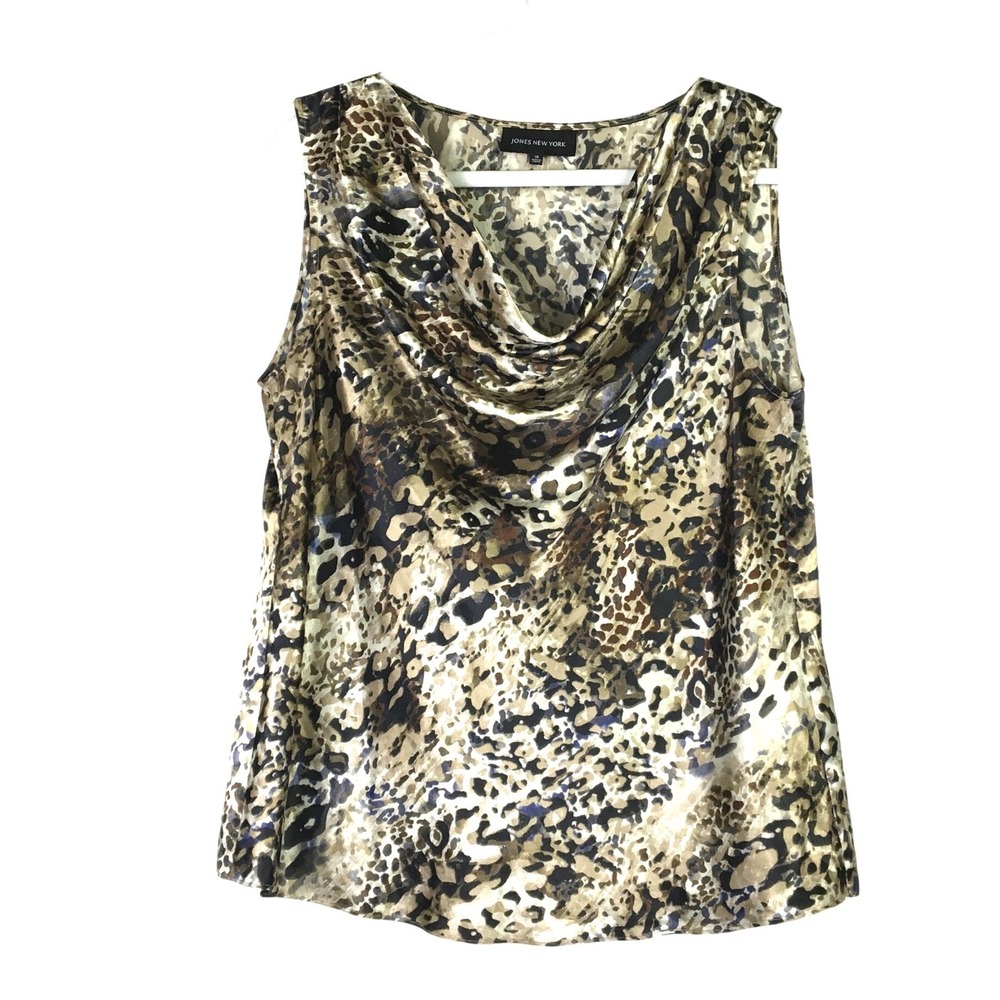 Jones New York Leopard Cowl Neck‎ Sleeveless Blouse Brown Top